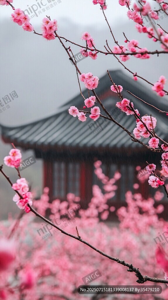 古風(fēng)建筑旁的爛漫桃花