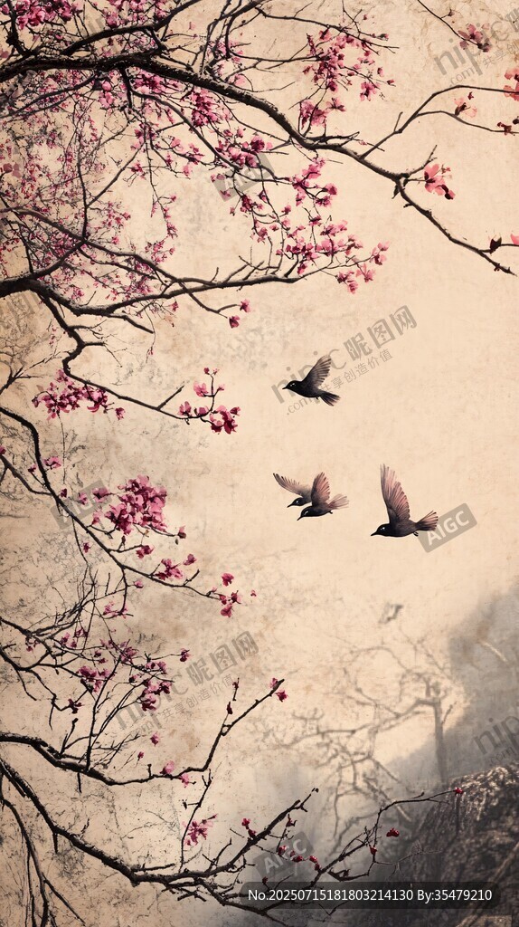 春日繁花間飛鳥(niǎo)景致
