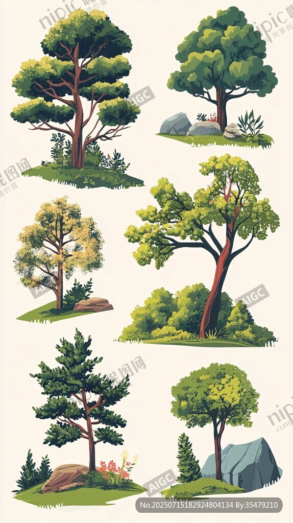 多樣樹木景觀插畫