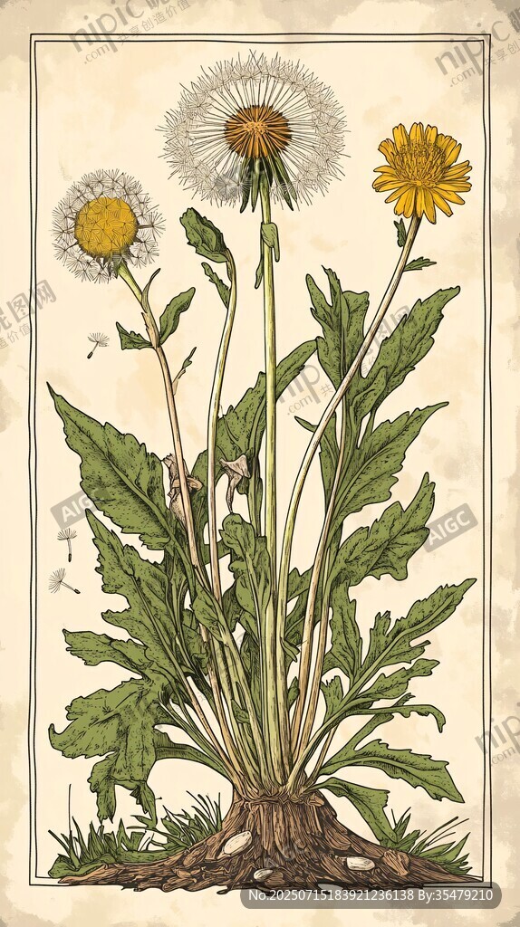 復(fù)古風(fēng)蒲公英植物插畫