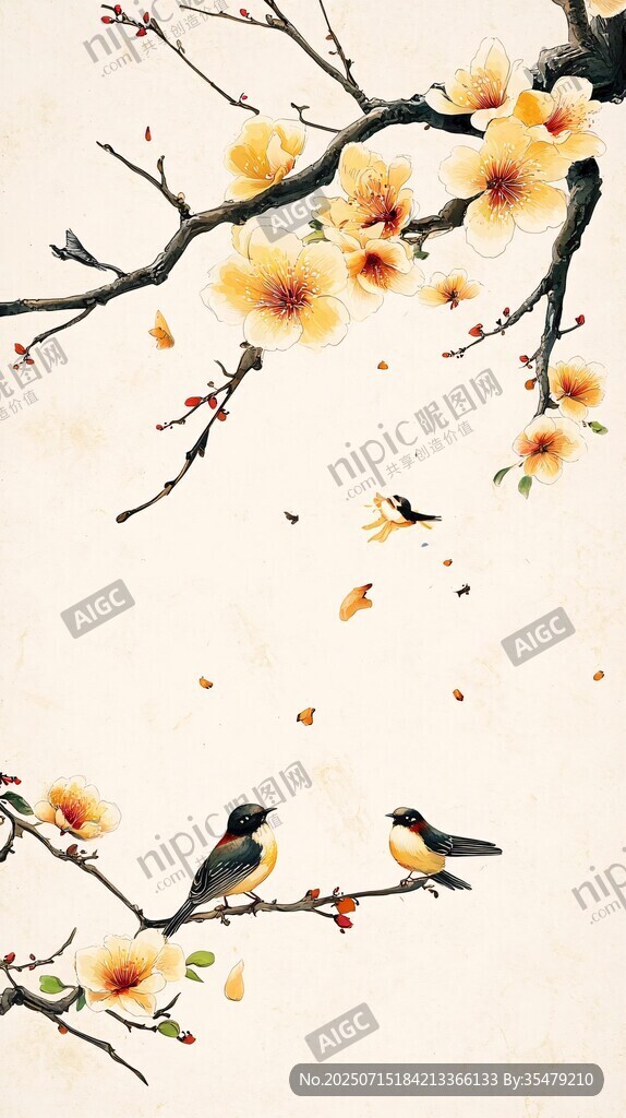 花鳥圖 枝頭雙雀伴繁花