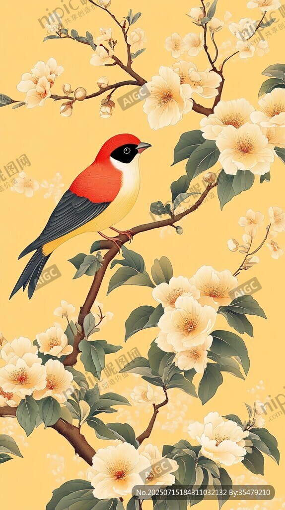 花鳥圖 枝頭雀與盛放繁花