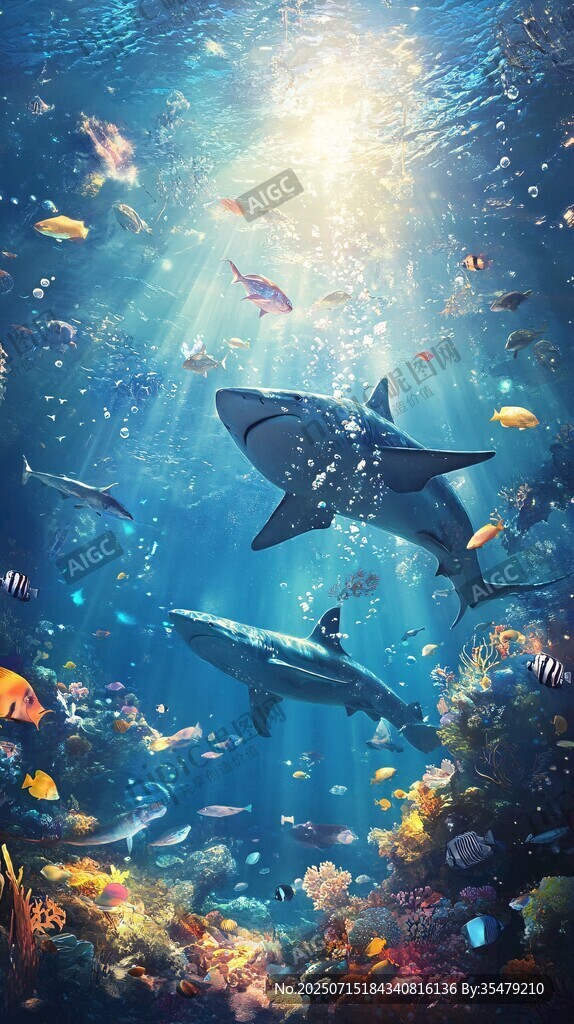 夢幻海底世界的鯊魚與群魚