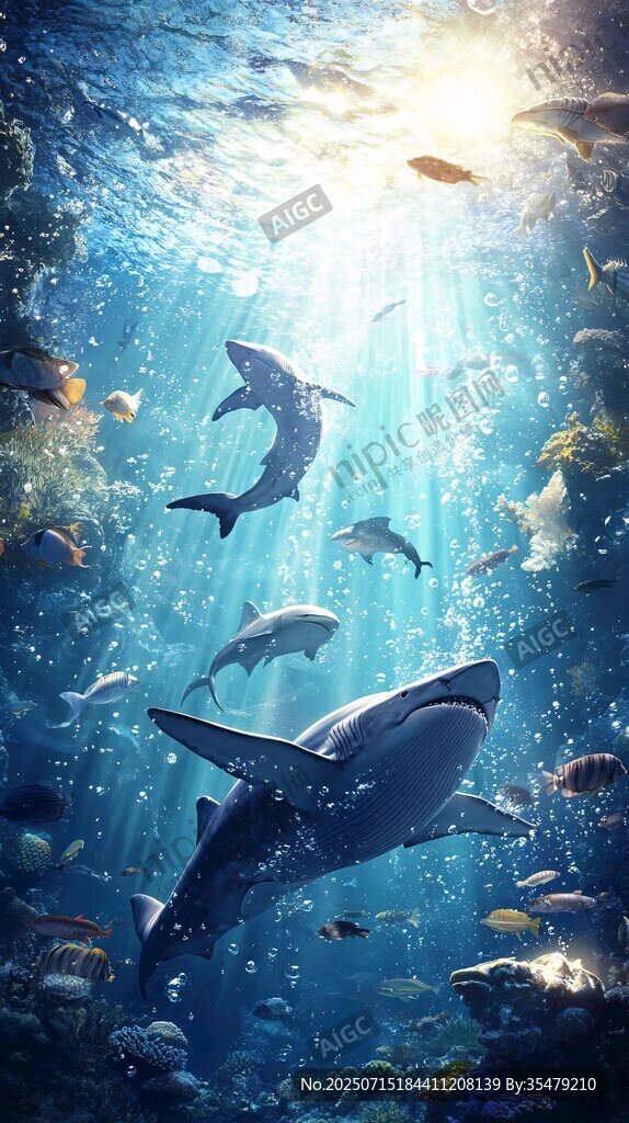 夢(mèng)幻海底世界的鯊魚與魚群