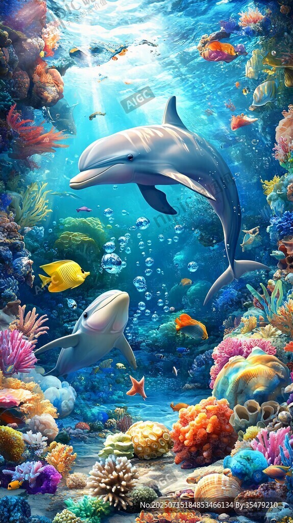 夢(mèng)幻海底世界的海豚與魚(yú)群