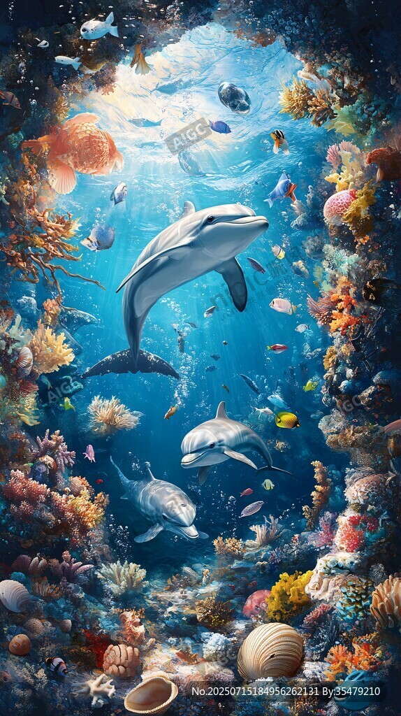 夢(mèng)幻海底世界中的海豚群游