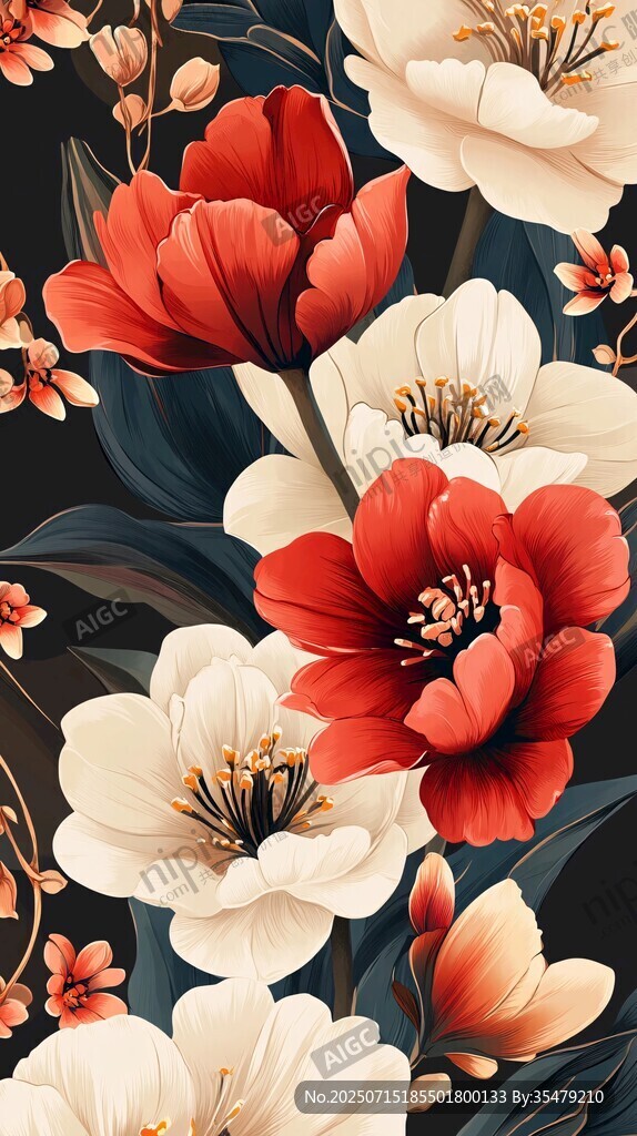 紅白花卉插畫圖案