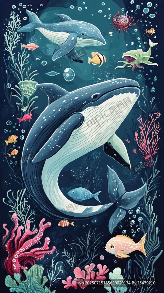 夢幻海底世界鯨魚與魚群