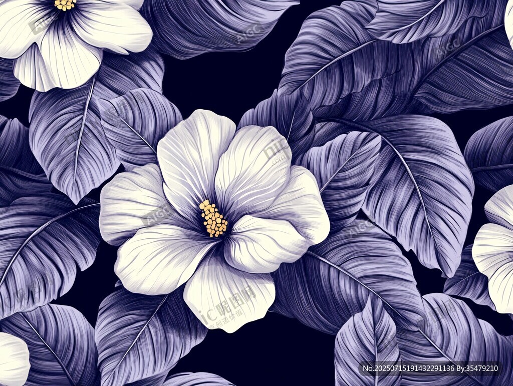 藍白花卉葉子無縫圖案