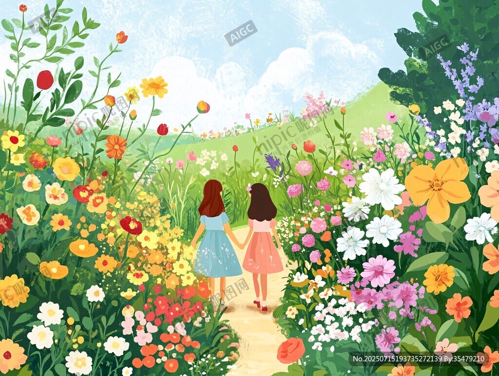 漫步花海的姐妹