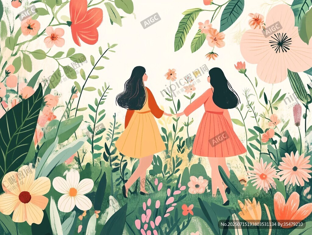 花叢中漫步的兩位少女