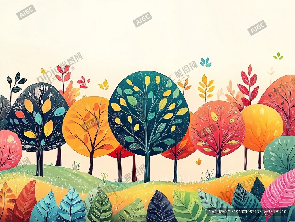 秋日繽紛樹林插畫風(fēng)景