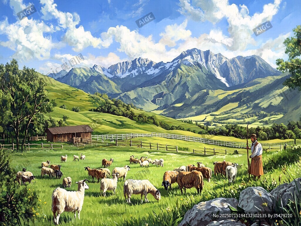 田園牧歌 山間牧羊的美好景象