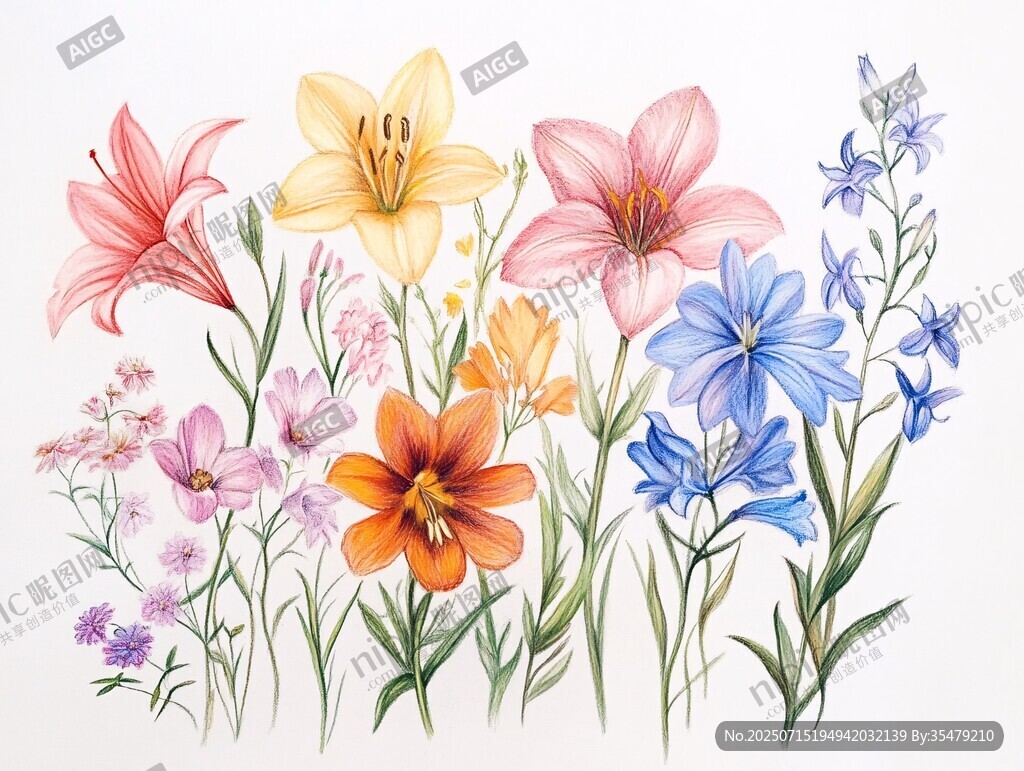 多彩花卉手繪插畫