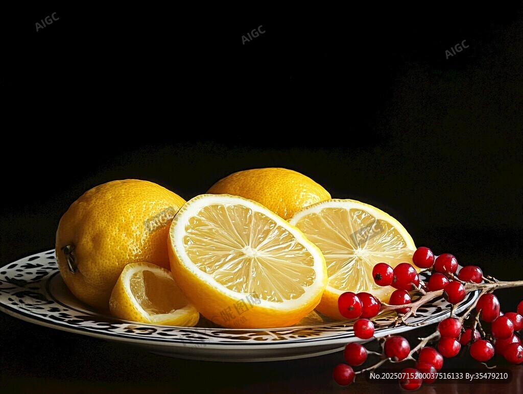 盤中檸檬與紅果的誘人組合