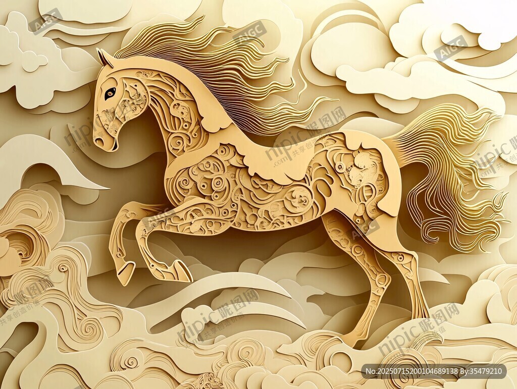 紙藝駿馬奔騰于云海間