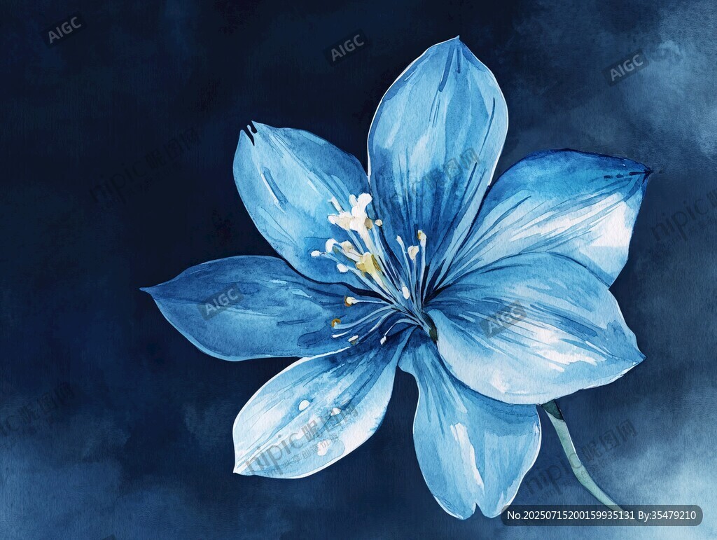 藍(lán)色水彩風(fēng)美麗單朵花卉