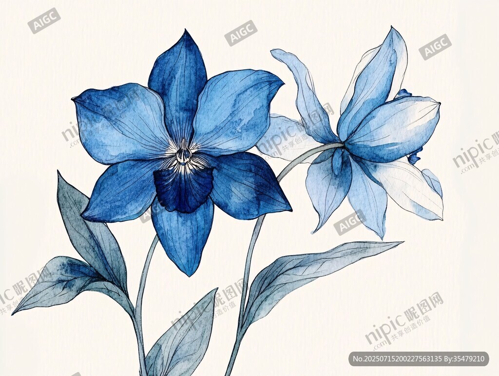 藍色花卉水彩插畫作品