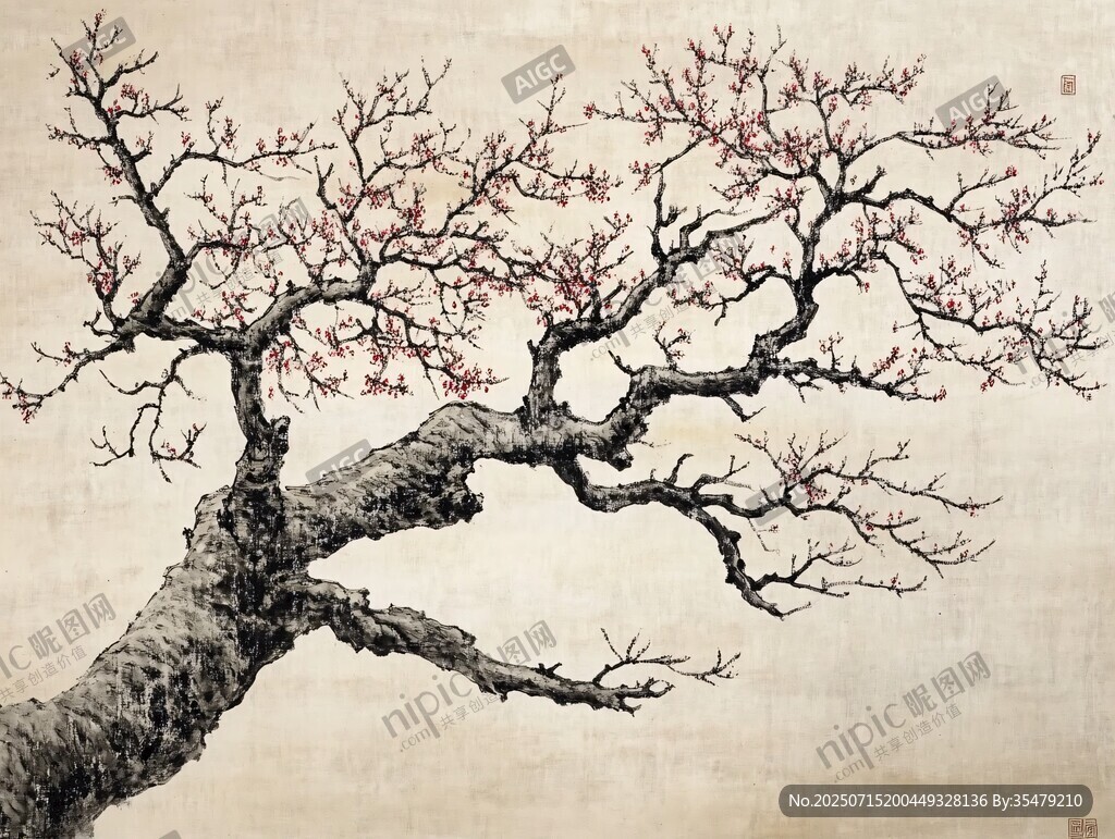 水墨紅梅圖