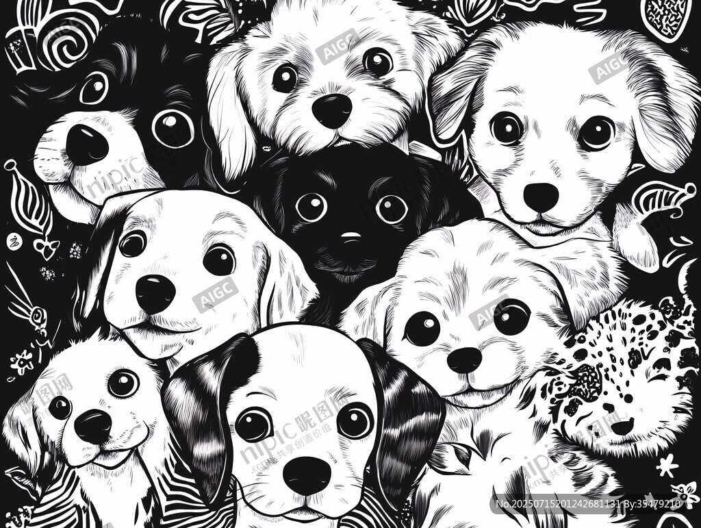 可愛萌寵狗狗黑白插畫
