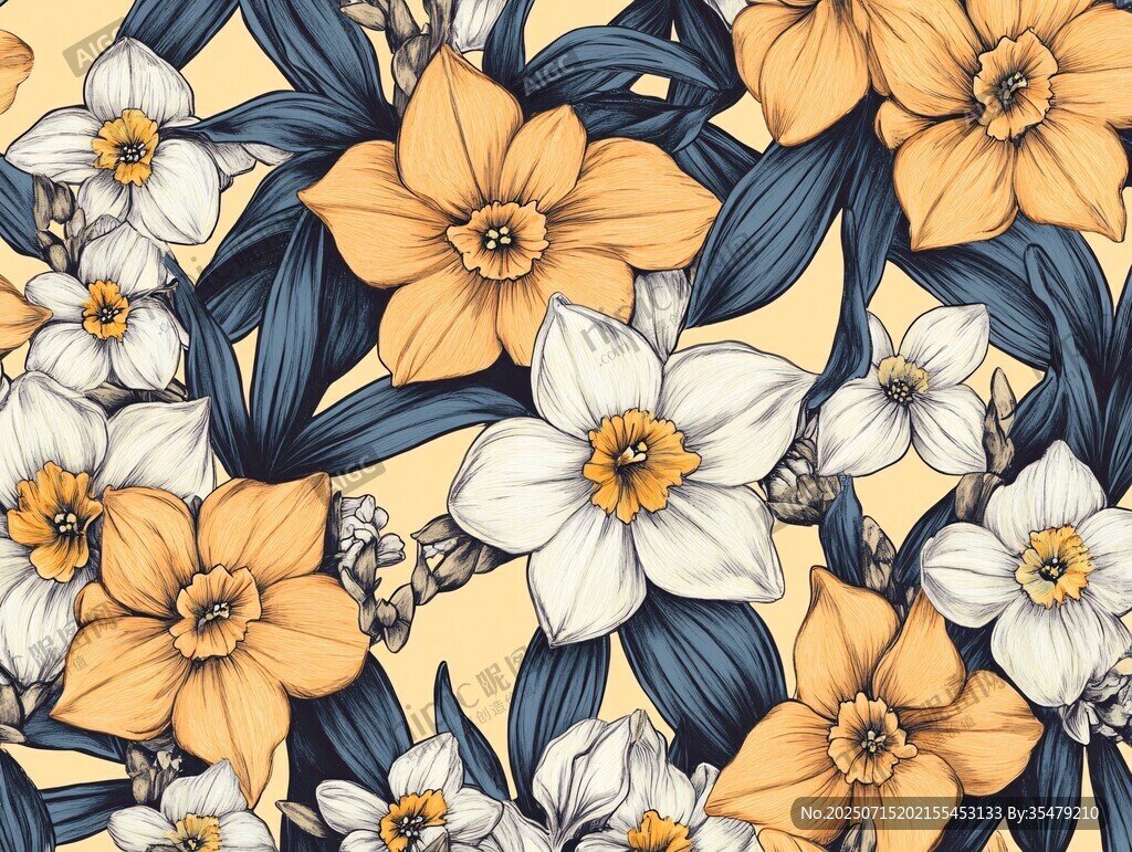 水仙花卉圖案的精美插畫