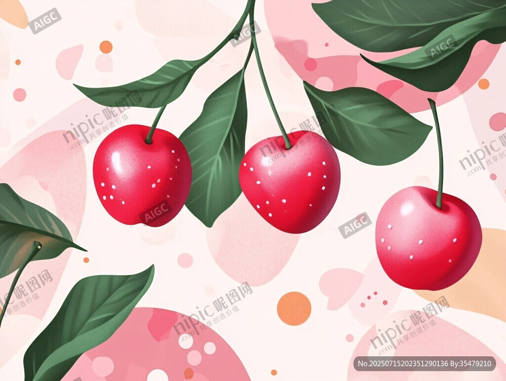櫻桃插畫 飽滿鮮果與綠葉
