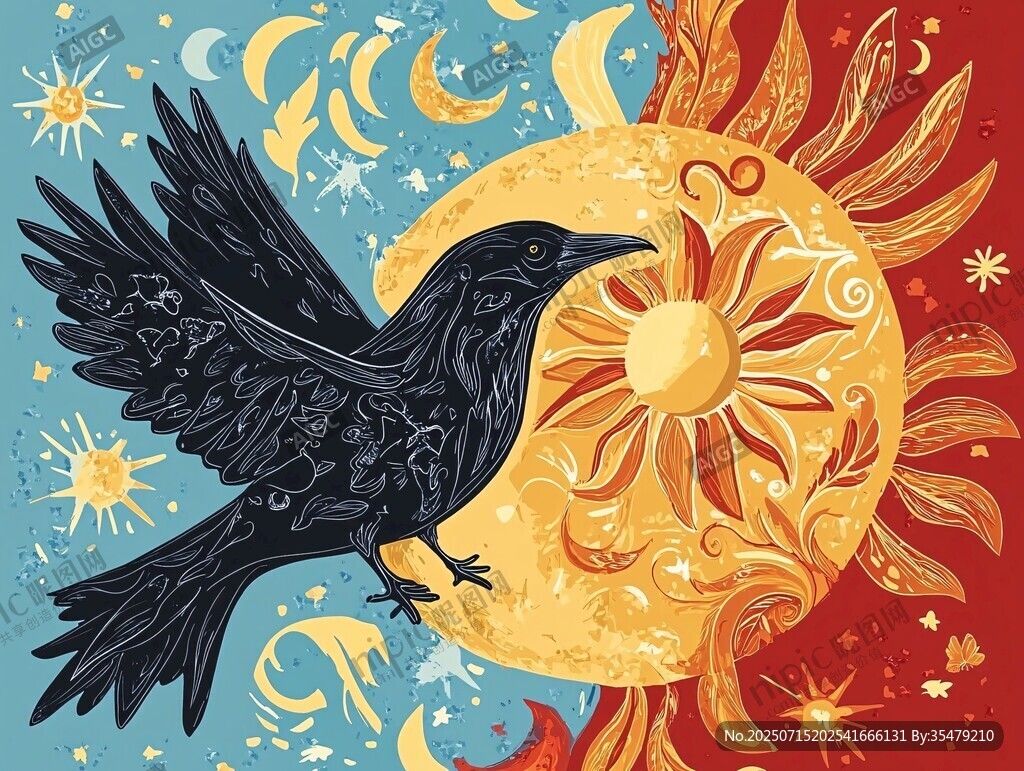 黑鴉伴日月的奇幻插畫