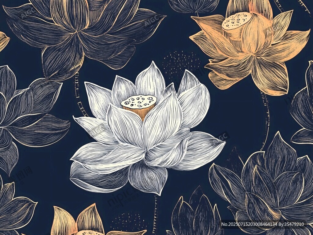 復(fù)古風(fēng)蓮花圖案精美繪制