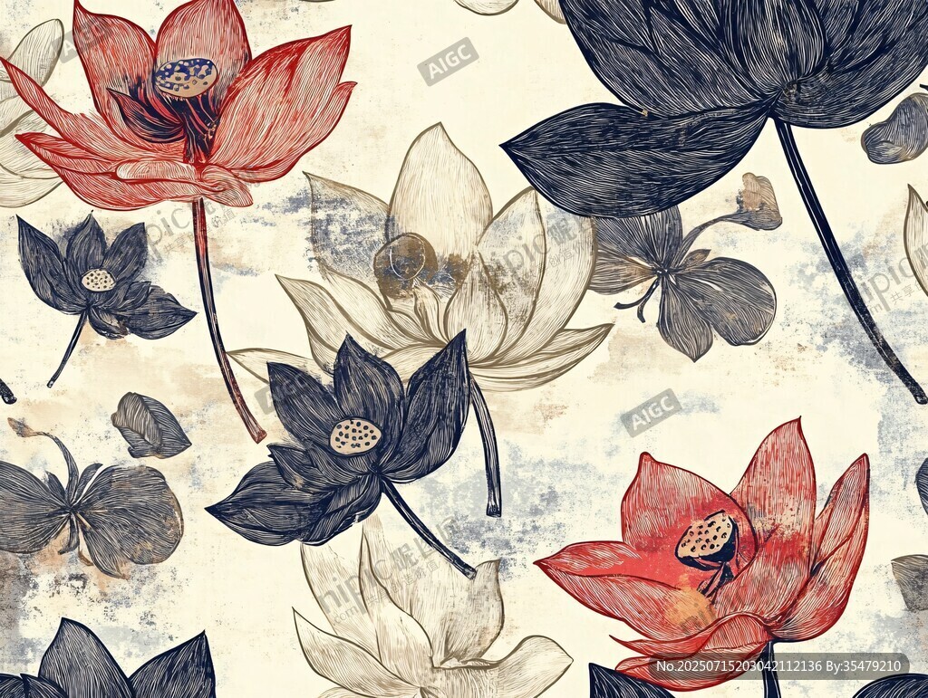 中式水墨荷花花卉圖案