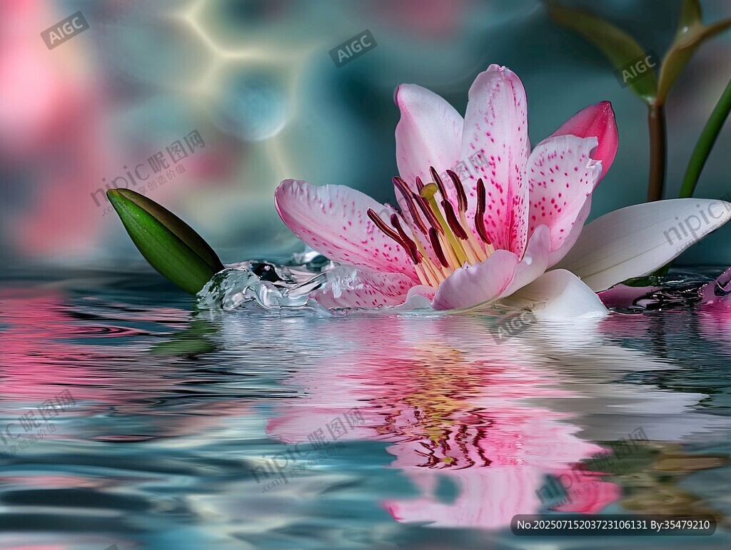 水中綻放的美麗粉色百合花