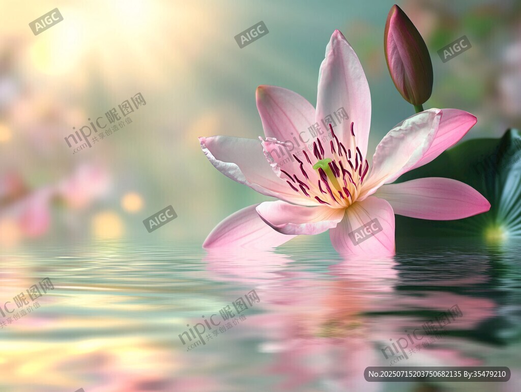水中綻放的柔美粉色蓮花
