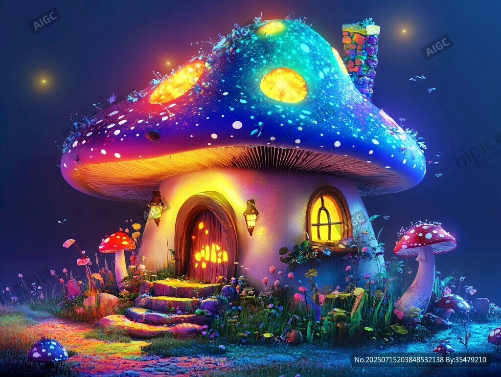夢幻蘑菇小屋的奇幻夜景