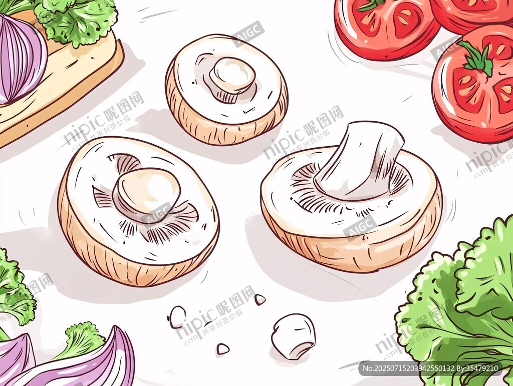 新鮮蔬菜與切片蘑菇插畫(huà)