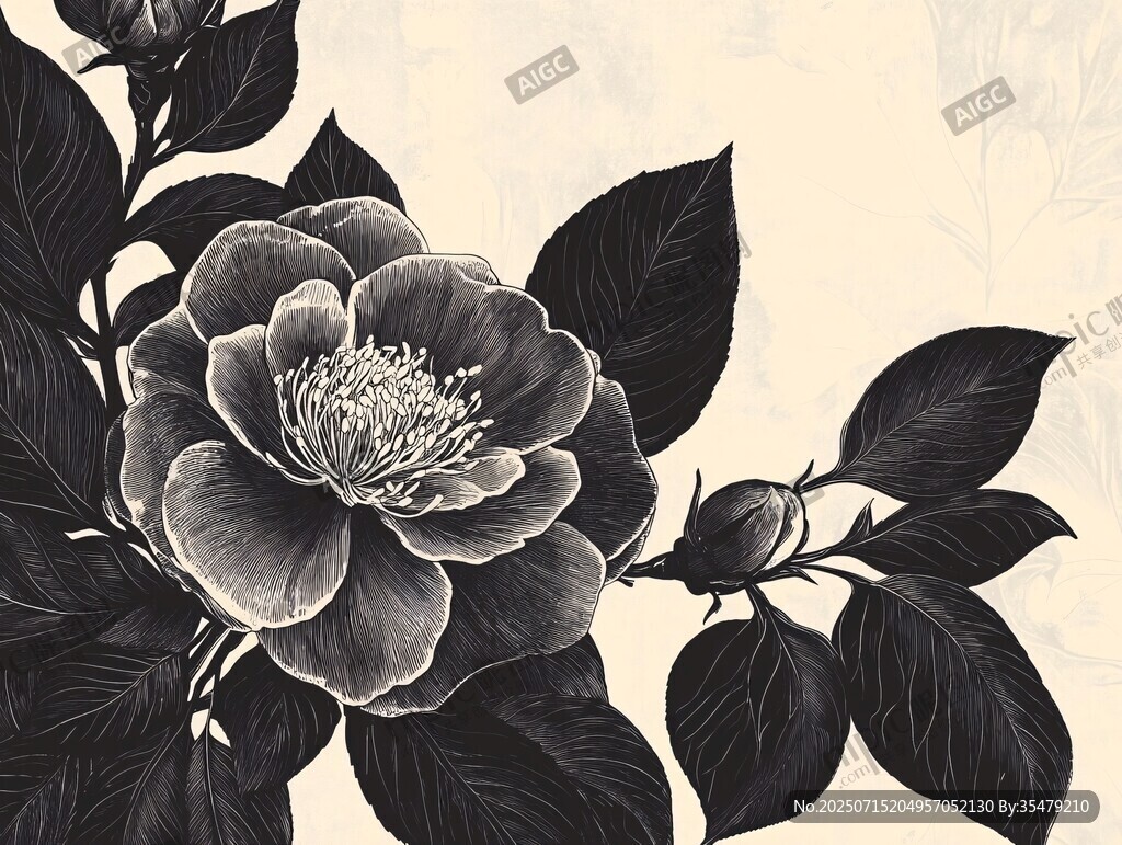 黑白花卉插畫中的雅致牡丹