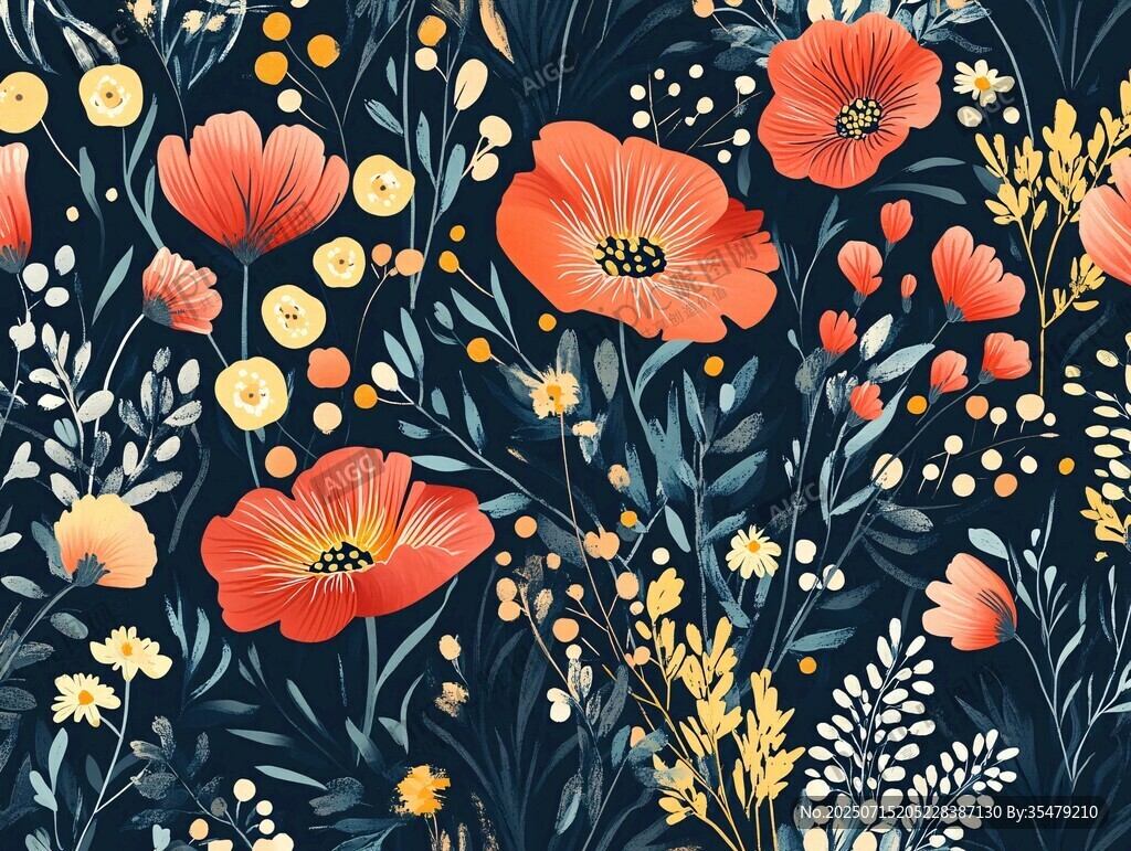 深藍(lán)色底花卉圖案插畫