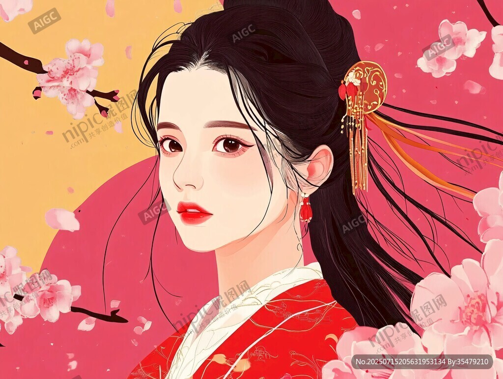 古風(fēng)紅衣佳人賞春景