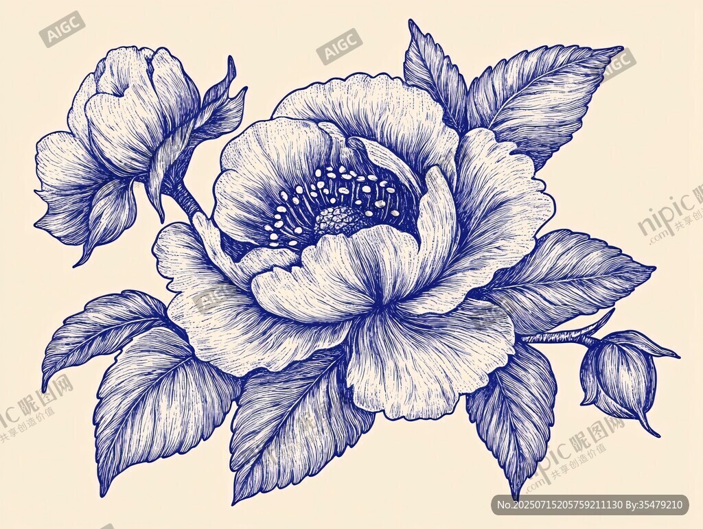 復(fù)古風(fēng)藍(lán)調(diào)花卉手繪圖案