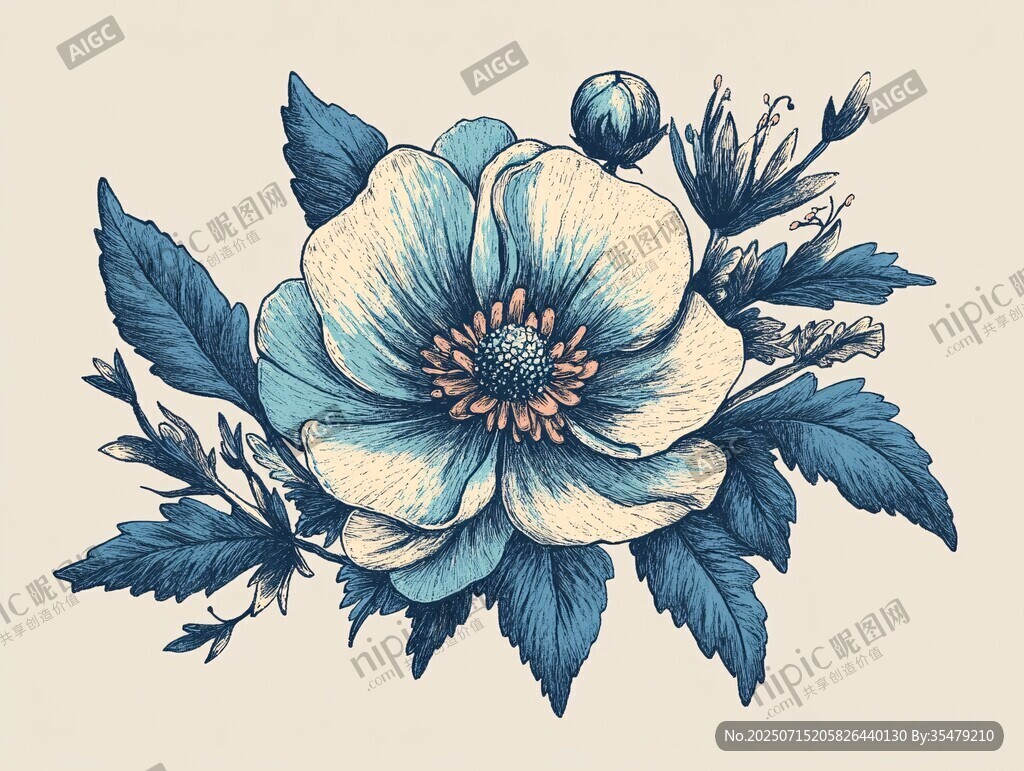藍色花卉插畫