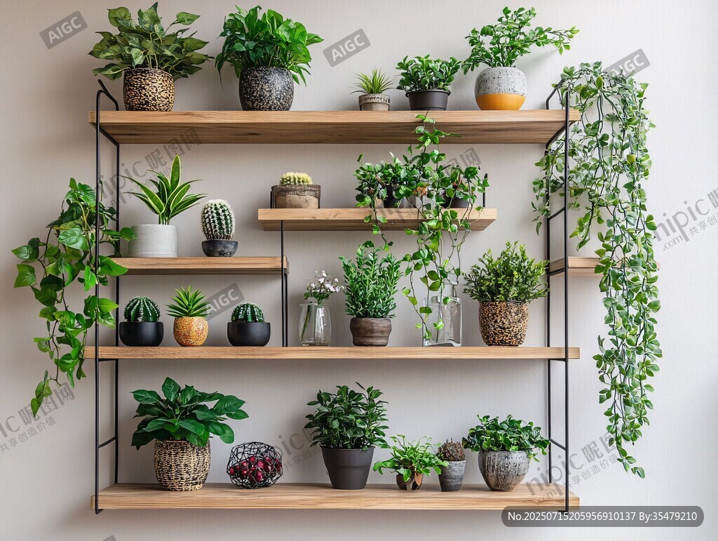 室內綠植架上的多樣盆栽