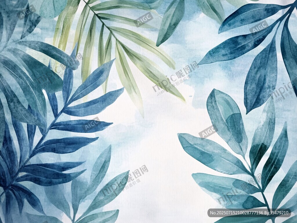 藍(lán)綠水彩風(fēng)熱帶植物葉片