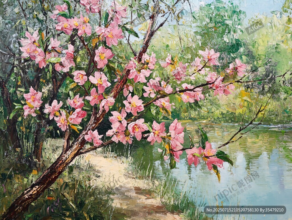 湖畔盛開(kāi)的爛漫粉色花枝