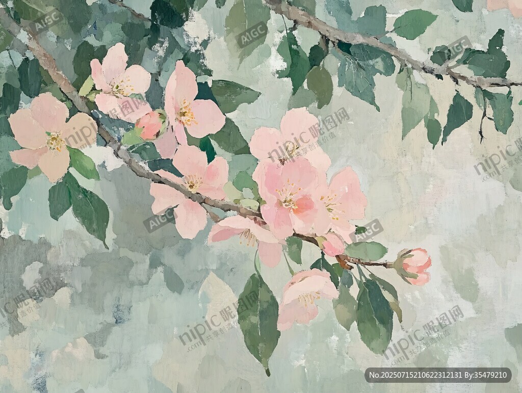 粉色花枝水彩畫藝術(shù)圖景