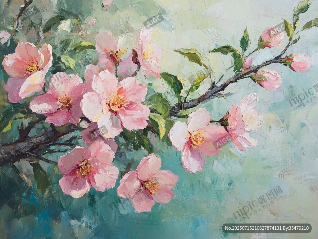 粉色桃花油畫花卉圖