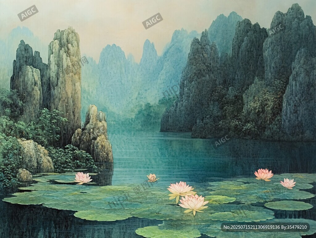 水墨山水間的睡蓮景致