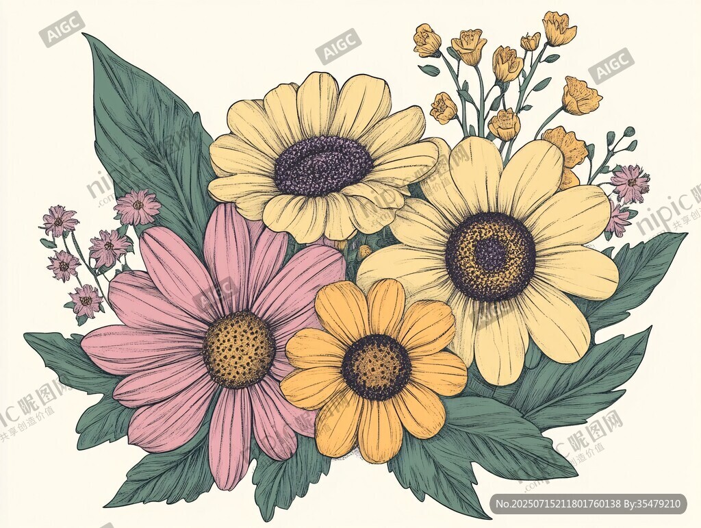 手繪多彩花卉插畫