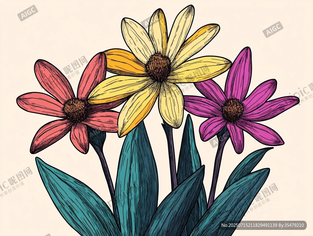 多彩手繪花卉插畫