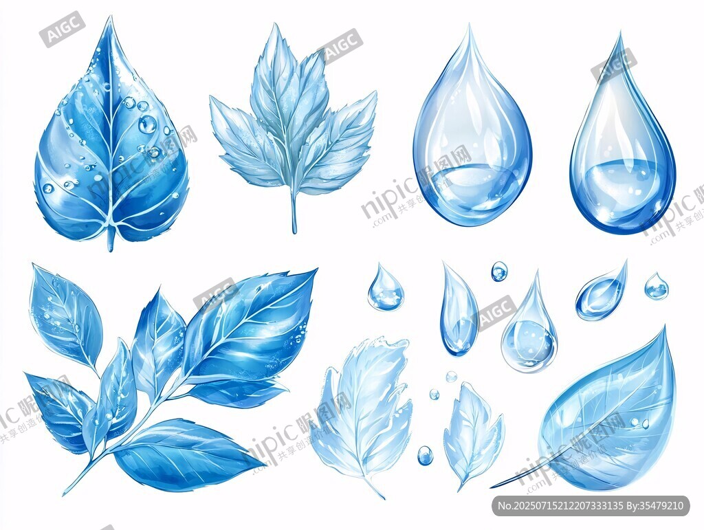 藍色水彩葉與水滴插畫集