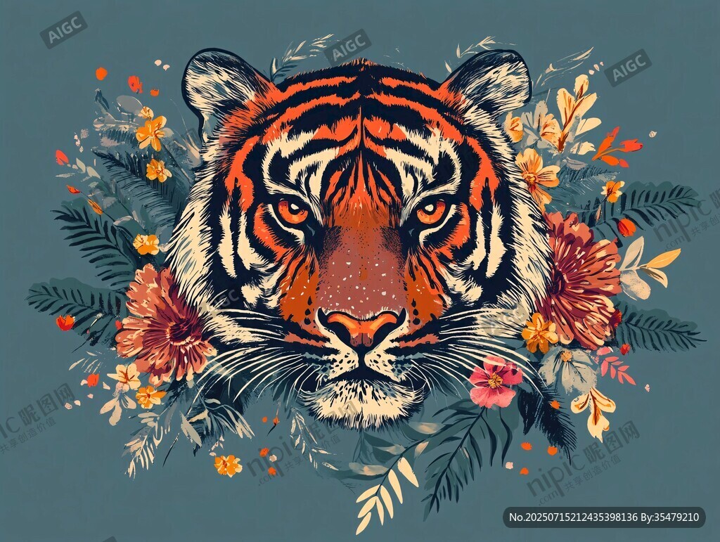 老虎花卉插畫 野性與柔美