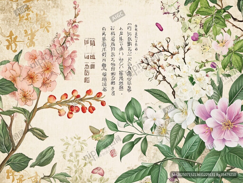 中式花卉古風(fēng)插畫意境美