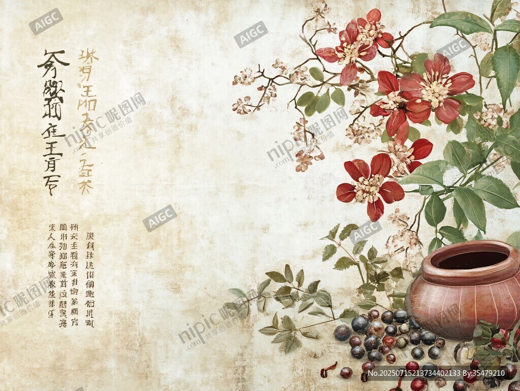 中式古風(fēng)花卉陶罐圖